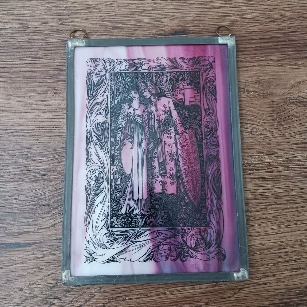 William H. Bradley Stained Glass Wall Hanging Purple 7" x 5" Shards Silver Sword